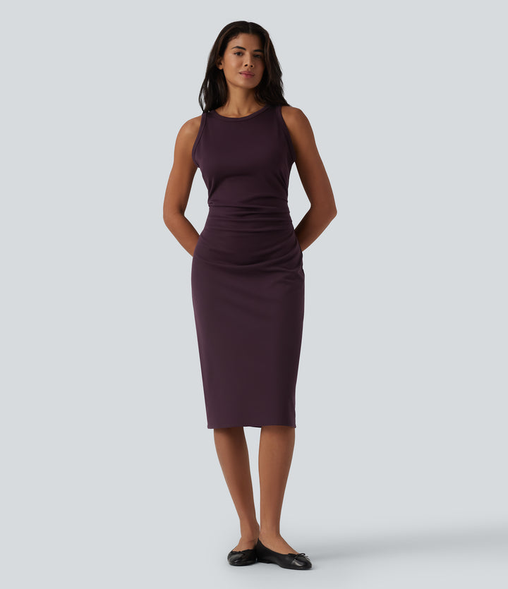 Round Neck Sleeveless Ruched Midi Casual Bodycon Dress — Sandalwood Purple — view 1