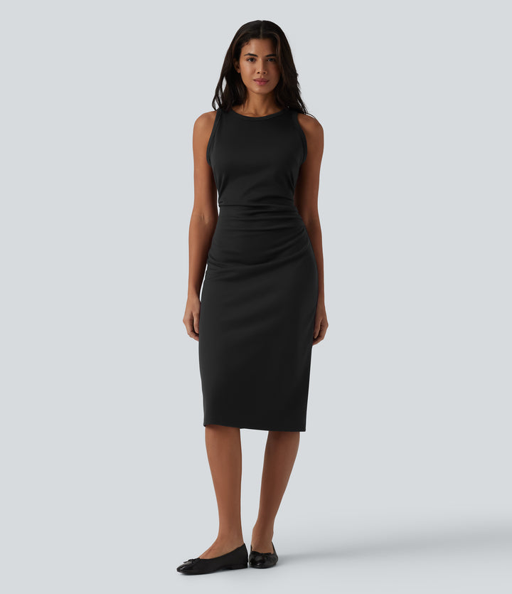 Round Neck Sleeveless Ruched Midi Casual Bodycon Dress — Black — view 7