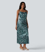 Invisible Zipper Ruched Tie-back Polka Dot Satin Maxi Bridesmaid And Wedding Guest Slip Dress — Sea Salt Dot — view 1