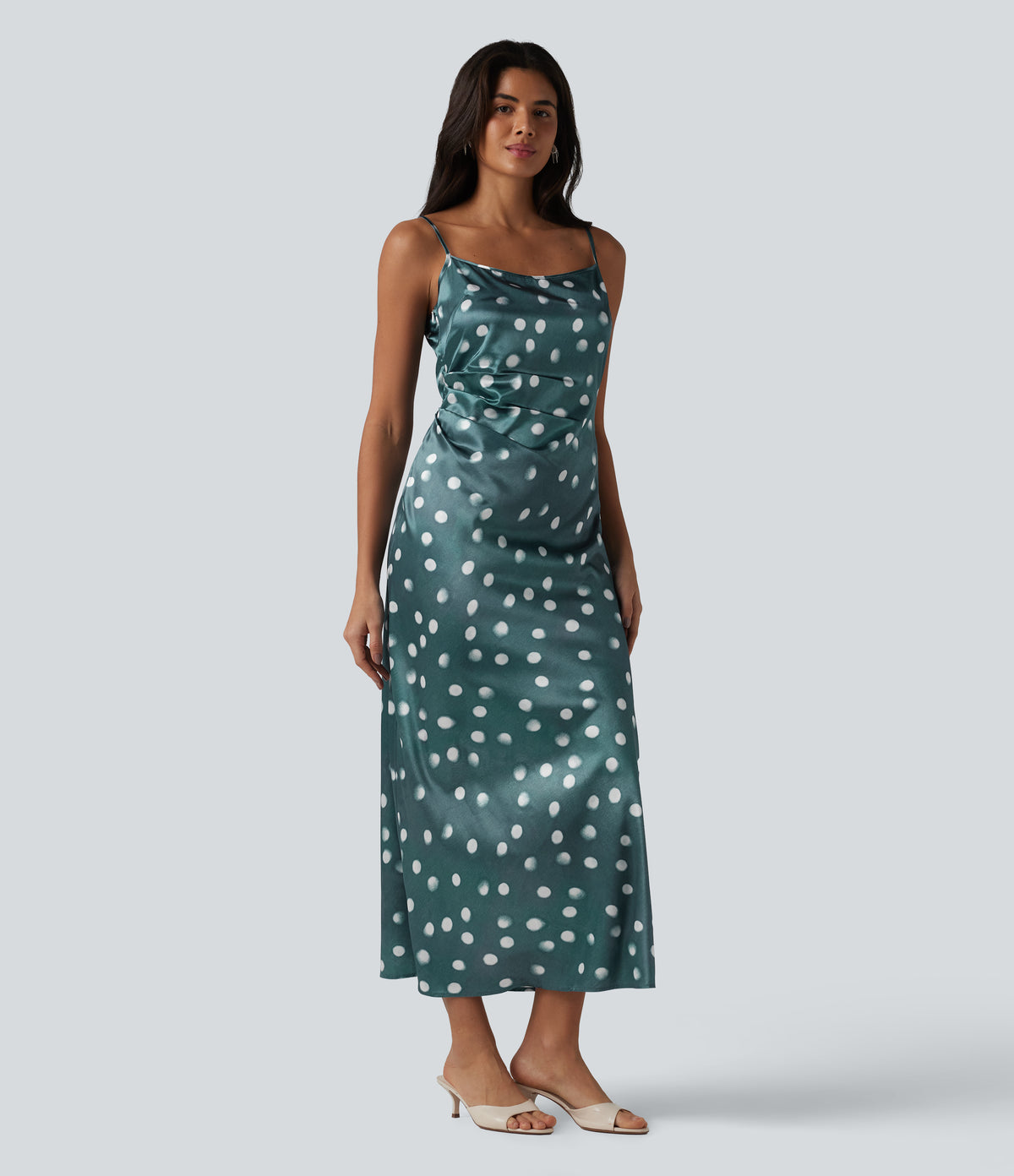 Invisible Zipper Ruched Tie-back Polka Dot Satin Maxi Bridesmaid And Wedding Guest Slip Dress — Sea Salt Dot — view 1