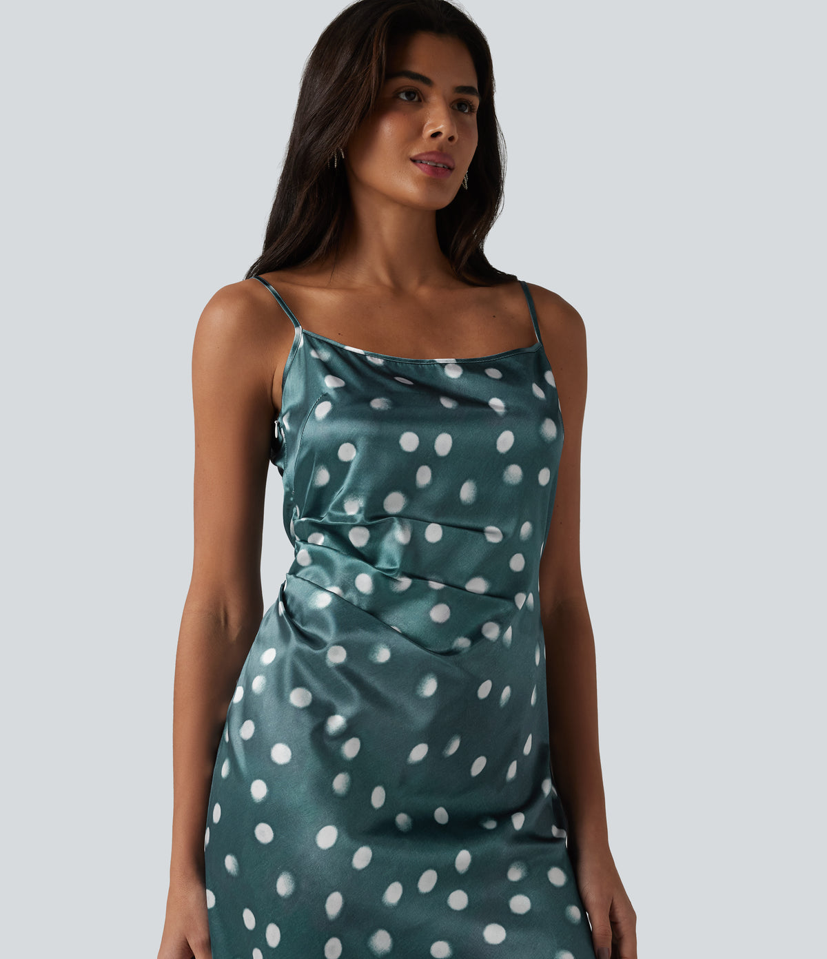 Invisible Zipper Ruched Tie-back Polka Dot Satin Maxi Bridesmaid And Wedding Guest Slip Dress — Sea Salt Dot — view 4