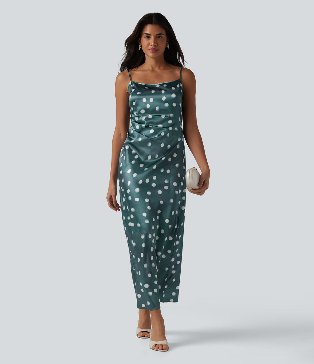 Invisible Zipper Ruched Tie-back Polka Dot Satin Maxi Bridesmaid And Wedding Guest Slip Dress — Sea Salt Dot — view 6