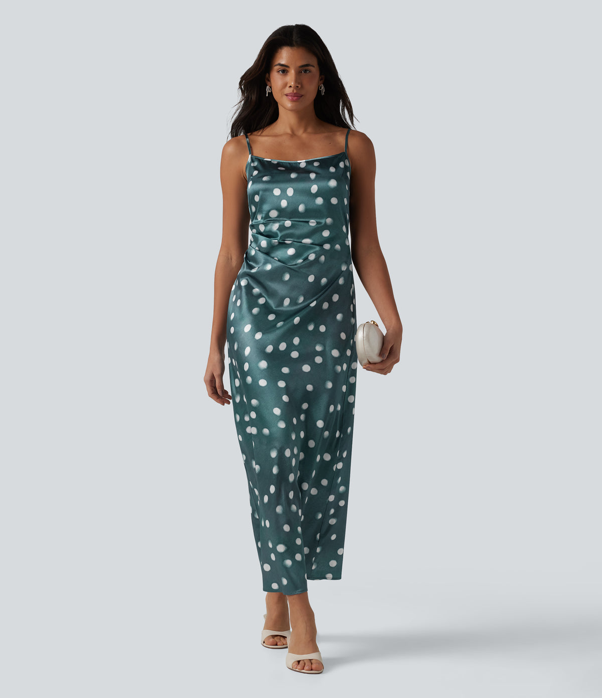 Invisible Zipper Ruched Tie-back Polka Dot Satin Maxi Bridesmaid And Wedding Guest Slip Dress — Sea Salt Dot — view 6