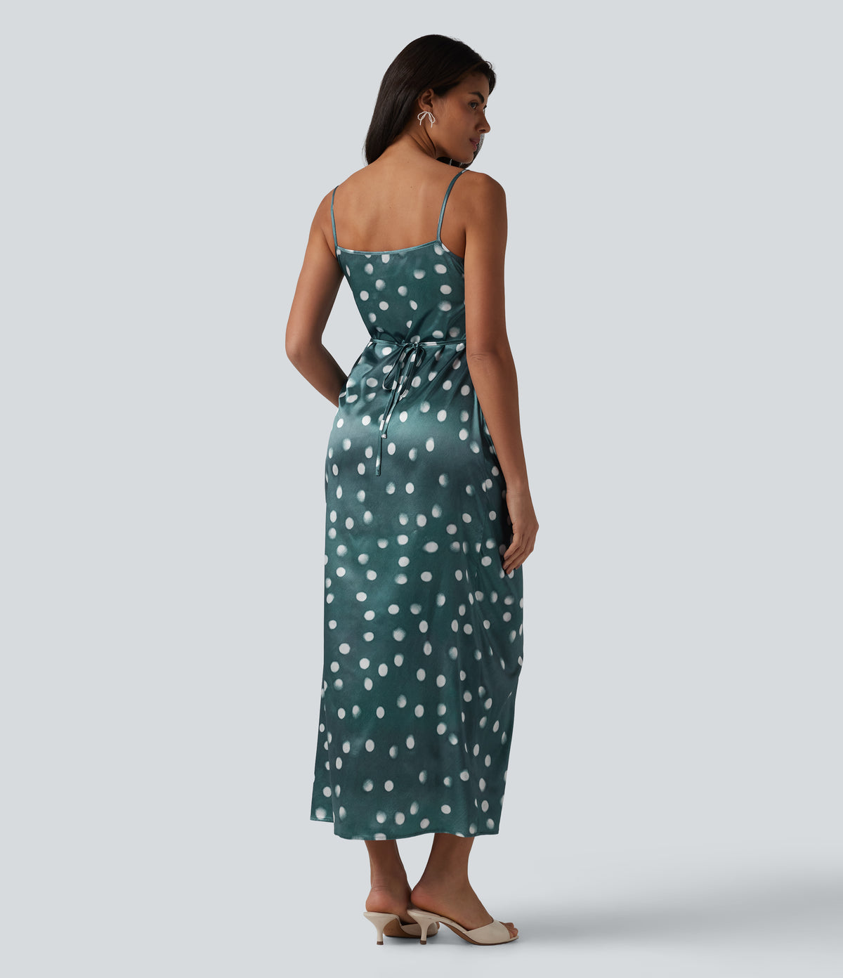 Invisible Zipper Ruched Tie-back Polka Dot Satin Maxi Bridesmaid And Wedding Guest Slip Dress — Sea Salt Dot — view 2