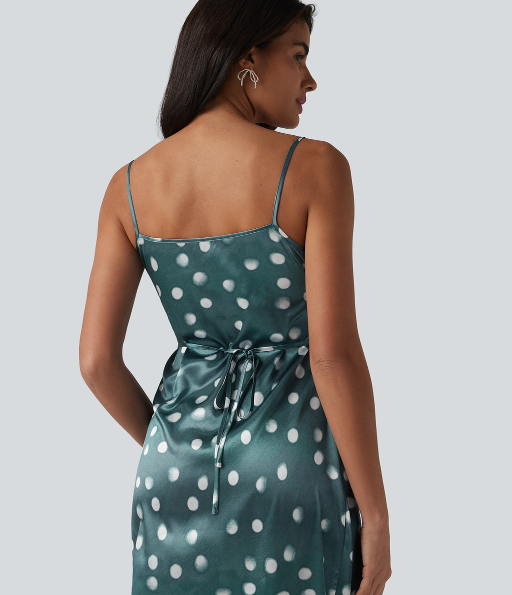 Invisible Zipper Ruched Tie-back Polka Dot Satin Maxi Bridesmaid And Wedding Guest Slip Dress — Sea Salt Dot — view 5