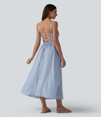 Corset Lace Up Stripe Flowy Midi Casual Slip Dress with Pockets — Harbour Mist Stripe — view 1