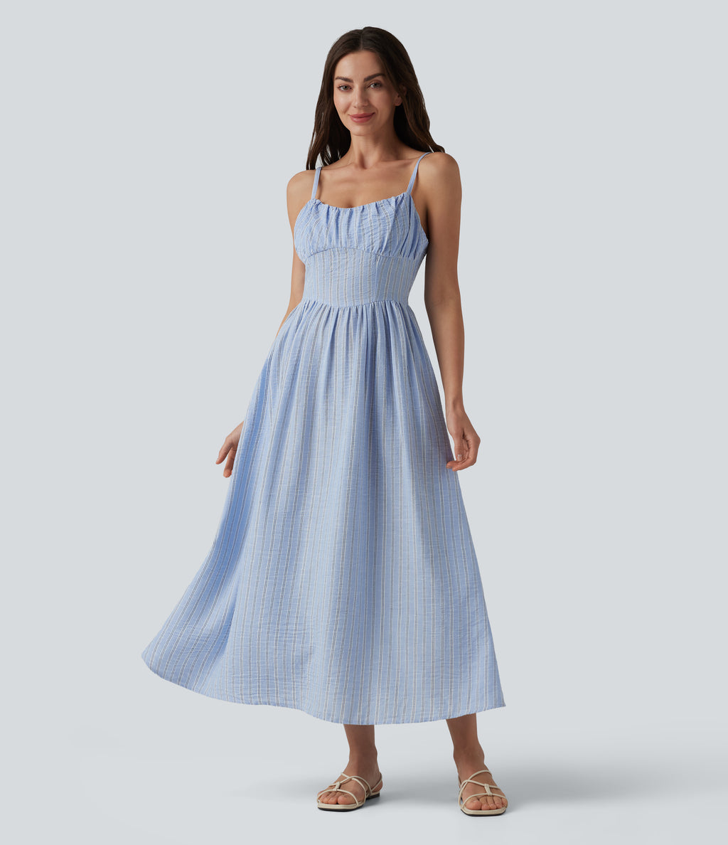 Corset Lace Up Stripe Flowy Midi Casual Slip Dress with Pockets — Harbour Mist Stripe — view 2