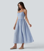 Corset Lace Up Stripe Flowy Midi Casual Slip Dress with Pockets — Harbour Mist Stripe — view 3