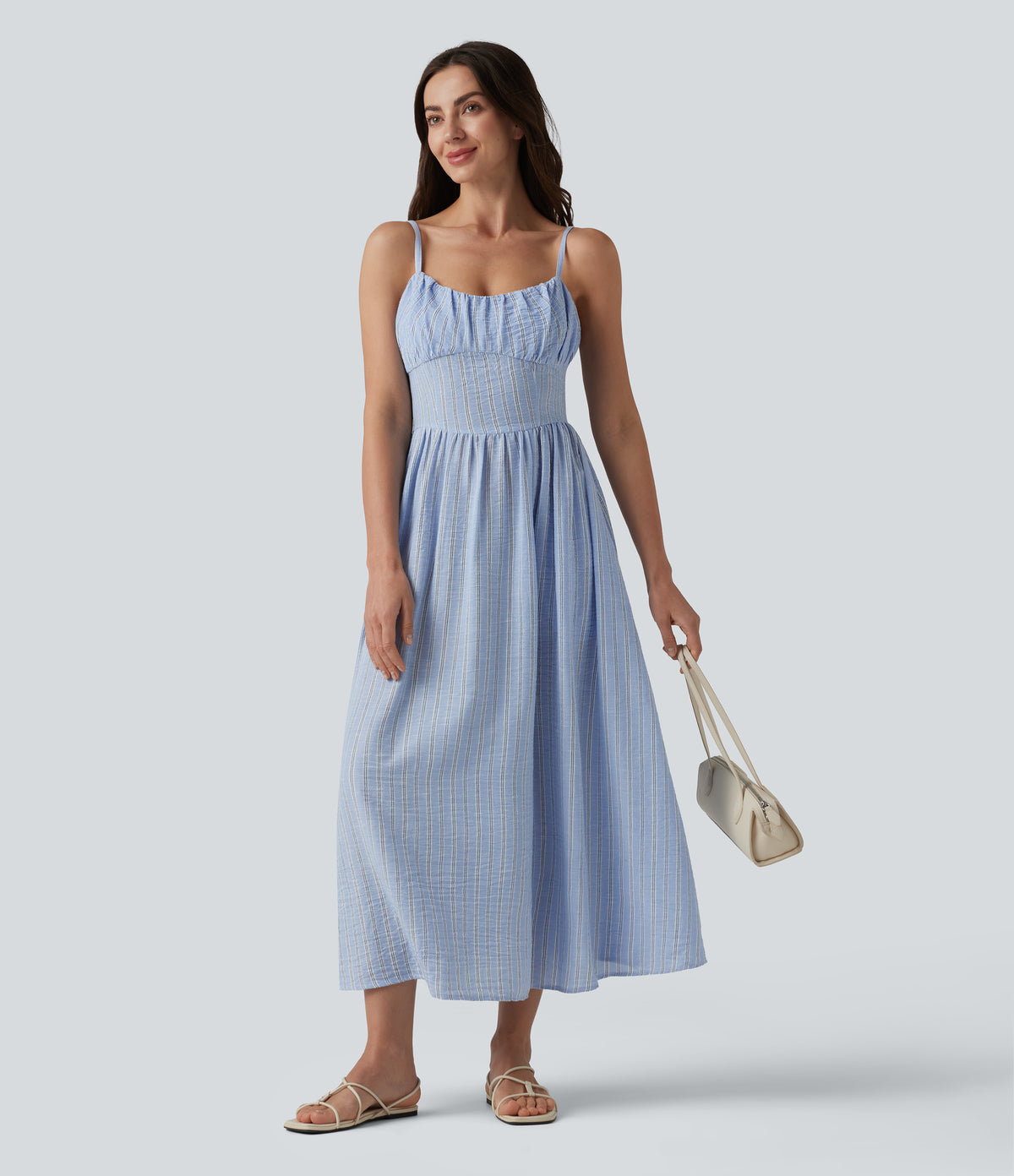 Corset Lace Up Stripe Flowy Midi Casual Slip Dress with Pockets — Harbour Mist Stripe — view 6
