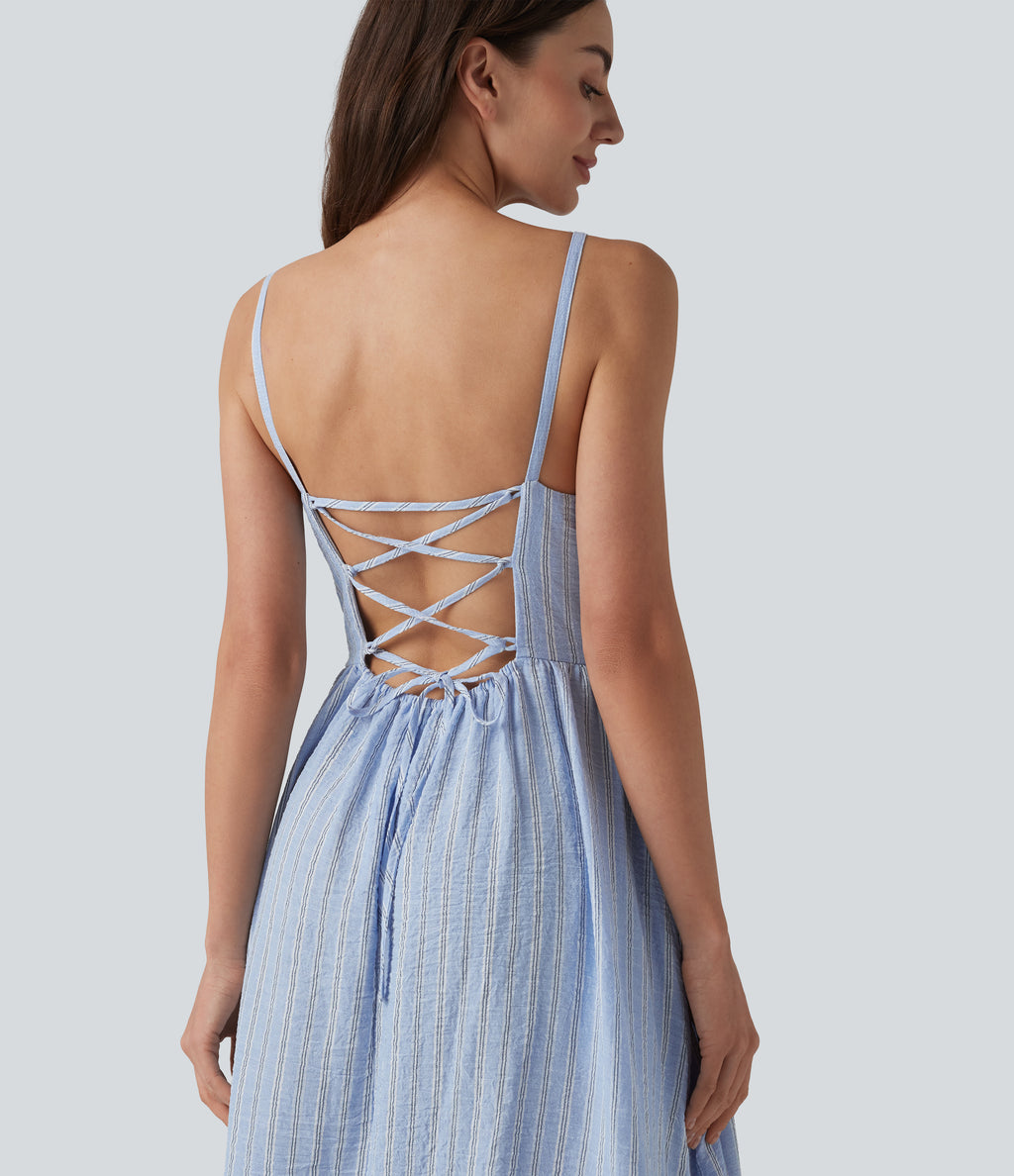 Corset Lace Up Stripe Flowy Midi Casual Slip Dress with Pockets — Harbour Mist Stripe — view 4