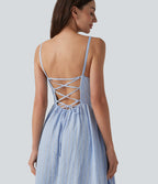 Corset Lace Up Stripe Flowy Midi Casual Slip Dress with Pockets — Harbour Mist Stripe — view 4
