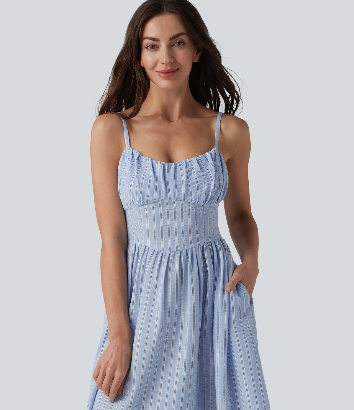 Corset Lace Up Stripe Flowy Midi Casual Slip Dress with Pockets — Harbour Mist Stripe — view 5
