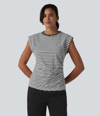 Ribbed Knit Round Neck Cap Sleeve Stripes Casual T-Shirt — Gray White Horizontal Stripe — view 3