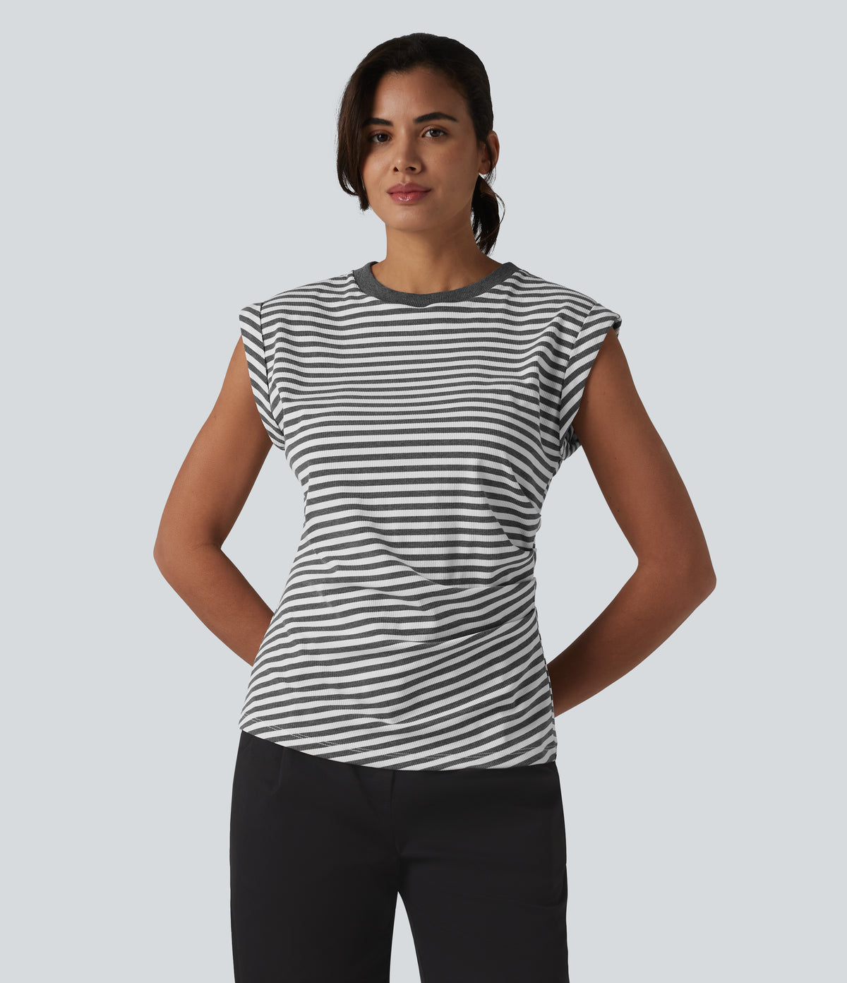 Ribbed Knit Round Neck Cap Sleeve Stripes Casual T-Shirt — Gray White Horizontal Stripe — view 3