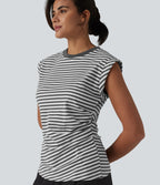Ribbed Knit Round Neck Cap Sleeve Stripes Casual T-Shirt — Gray White Horizontal Stripe — view 1