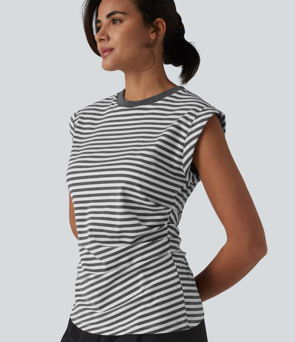 Ribbed Knit Round Neck Cap Sleeve Stripes Casual T-Shirt — Gray White Horizontal Stripe — view 1