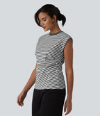 Ribbed Knit Round Neck Cap Sleeve Stripes Casual T-Shirt — Gray White Horizontal Stripe — view 4