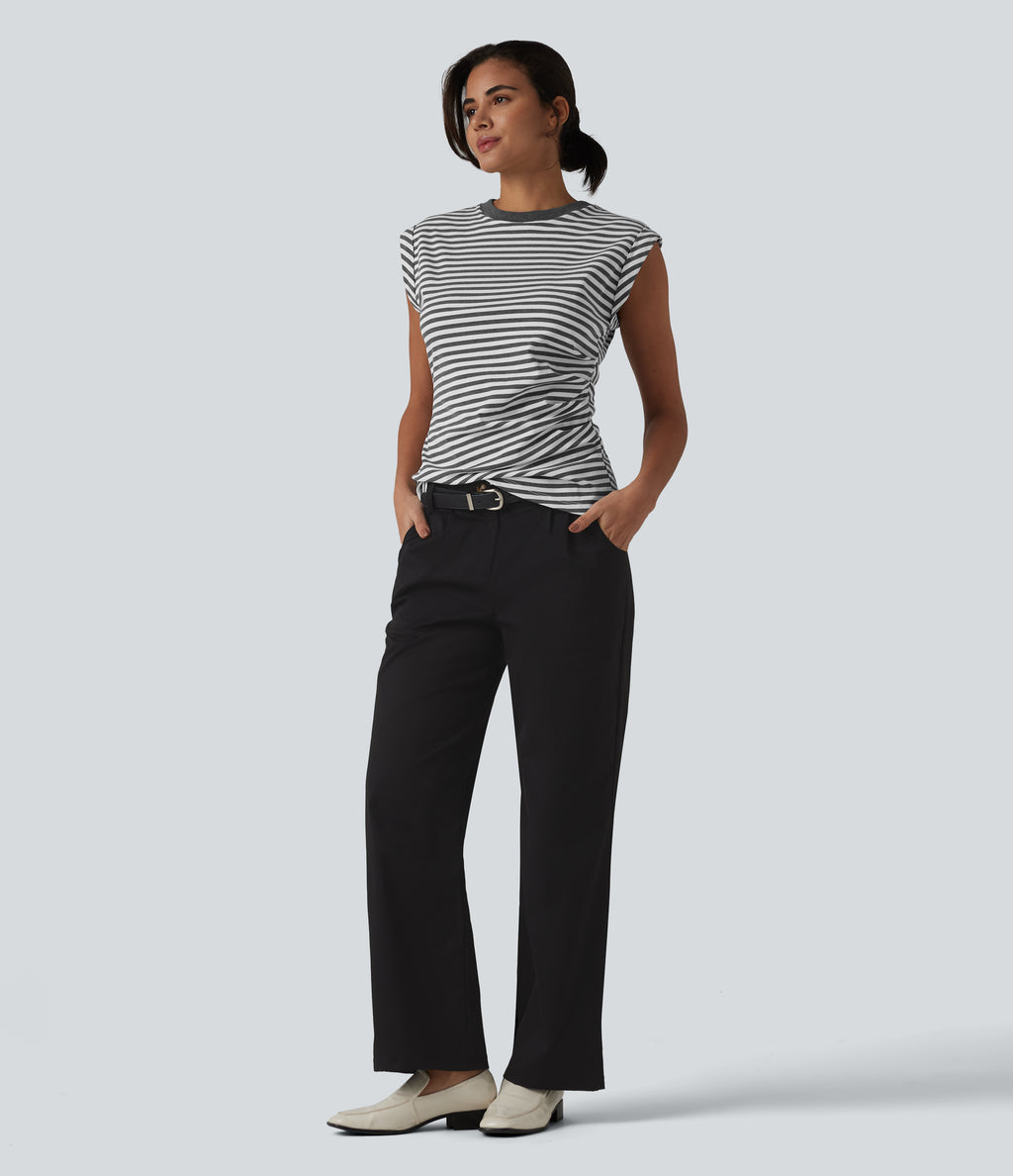 Ribbed Knit Round Neck Cap Sleeve Stripes Casual T-Shirt — Gray White Horizontal Stripe — view 6