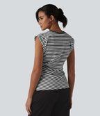 Ribbed Knit Round Neck Cap Sleeve Stripes Casual T-Shirt — Gray White Horizontal Stripe — view 2