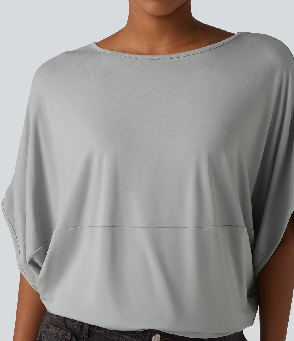 Round Neck Batwing Sleeve Relaxed Casual Top — Pigeon — view 5