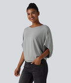 Round Neck Batwing Sleeve Relaxed Casual Top — Pigeon — view 4