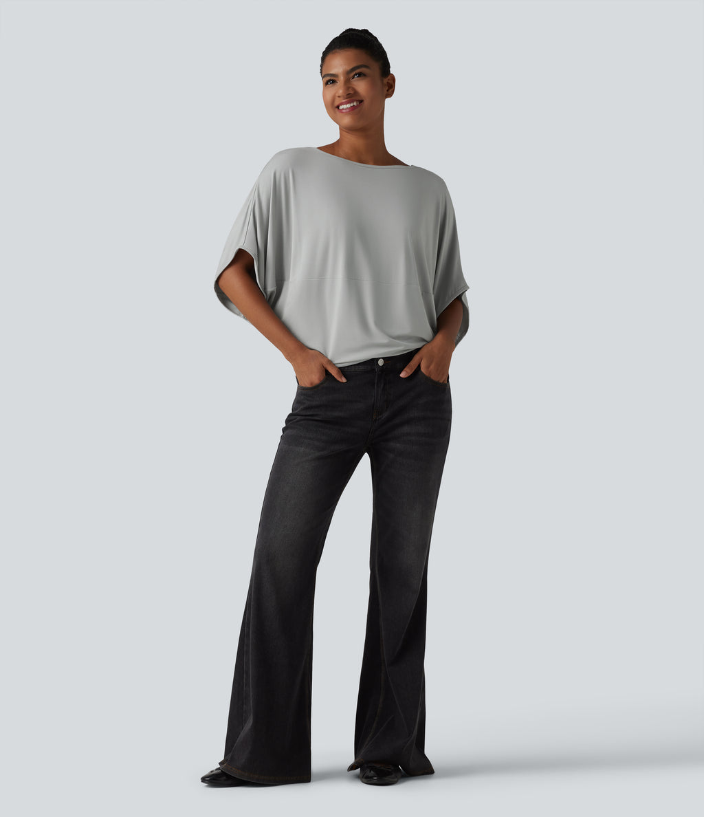 Round Neck Batwing Sleeve Relaxed Casual Top — Pigeon — view 6