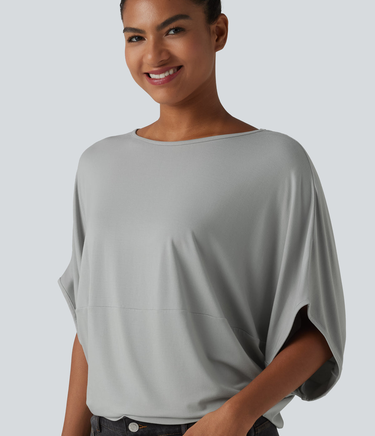 Round Neck Batwing Sleeve Relaxed Casual Top — Pigeon — view 1