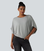 Round Neck Batwing Sleeve Relaxed Casual Top — Pigeon — view 3