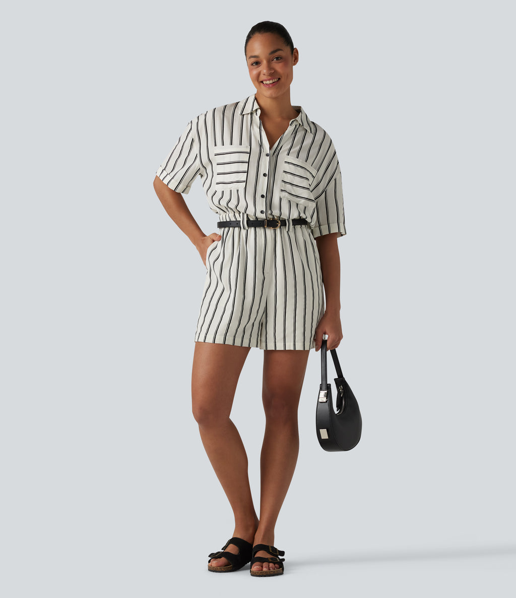 Short Sleeve Stripe Casual Shirt Playsuit with Pockets — Deep Voyage Stripe — view 5