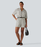Short Sleeve Stripe Casual Shirt Playsuit with Pockets — Deep Voyage Stripe — view 5