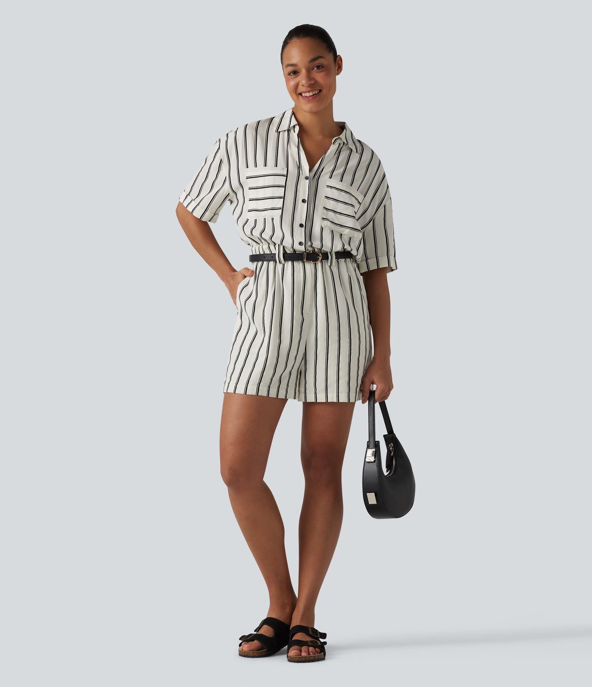Short Sleeve Stripe Casual Shirt Playsuit with Pockets — Deep Voyage Stripe — view 5