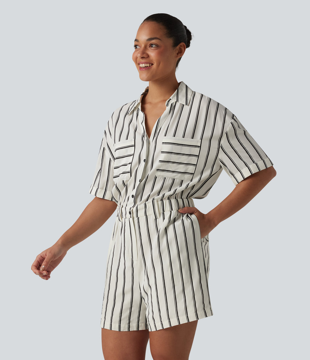 Short Sleeve Stripe Casual Shirt Playsuit with Pockets — Deep Voyage Stripe — view 3