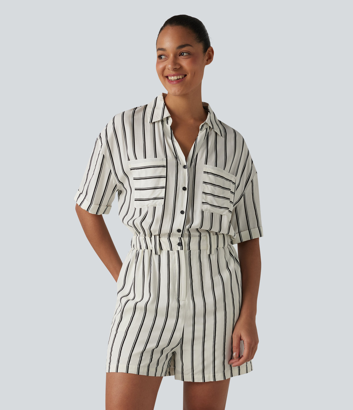 Short Sleeve Stripe Casual Shirt Playsuit with Pockets — Deep Voyage Stripe — view 1