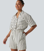 Short Sleeve Stripe Casual Shirt Playsuit with Pockets — Deep Voyage Stripe — view 4