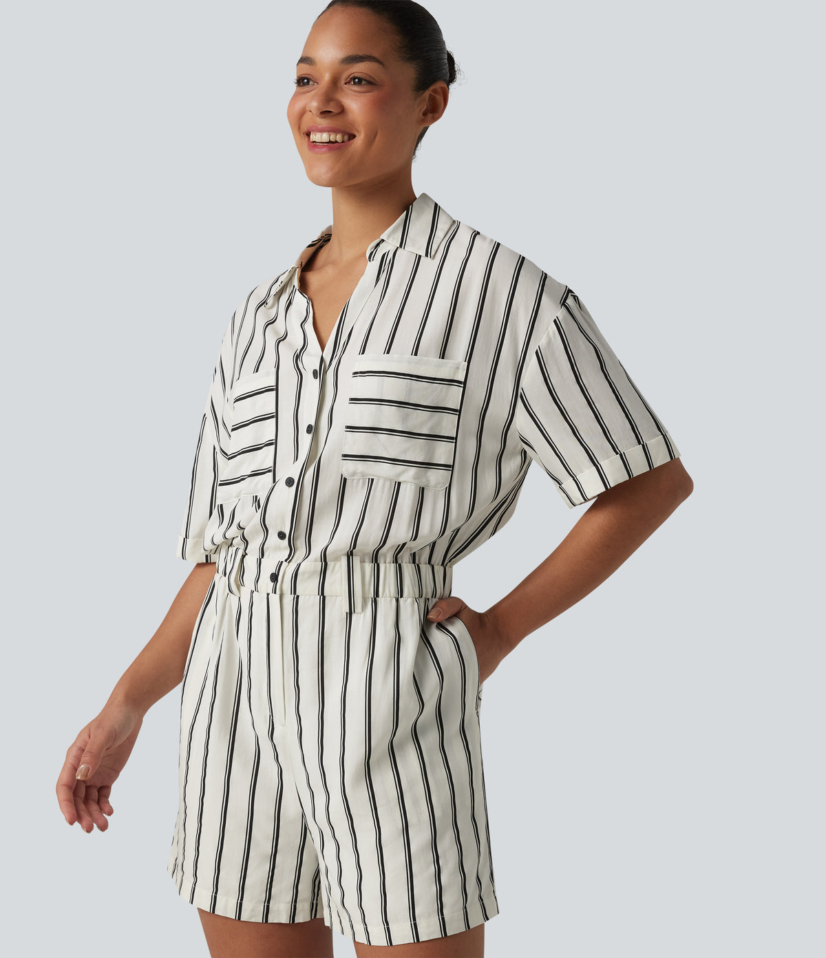 Short Sleeve Stripe Casual Shirt Playsuit with Pockets — Deep Voyage Stripe — view 4