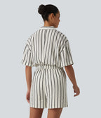 Short Sleeve Stripe Casual Shirt Playsuit with Pockets — Deep Voyage Stripe — view 2