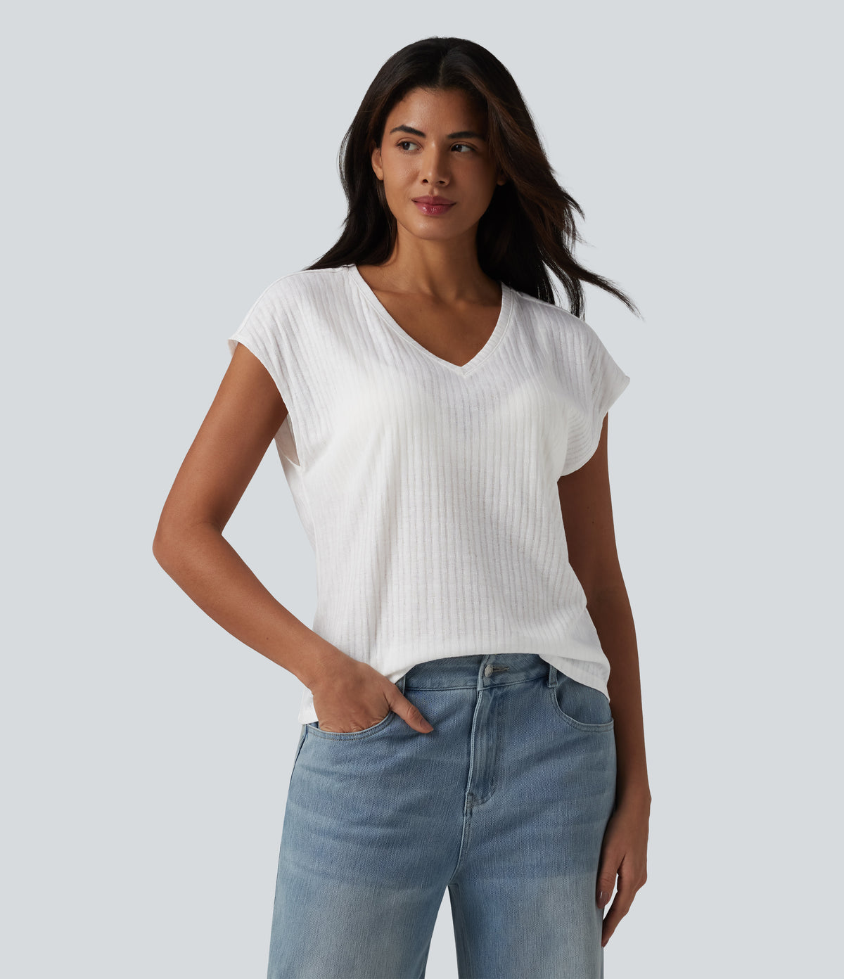 V Neck Short Sleeve Jacquard Casual T-Shirt — White — view 1