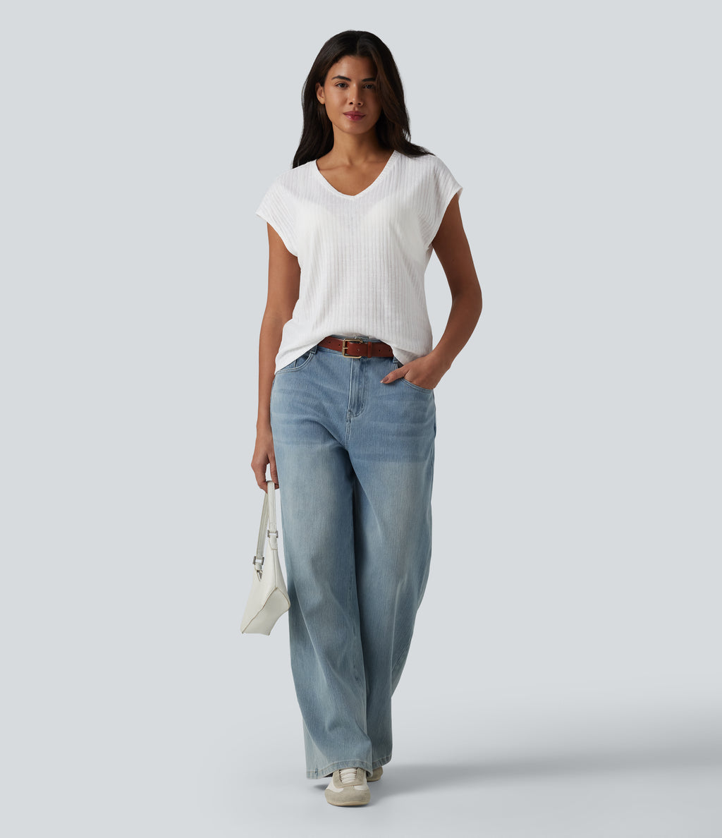 V Neck Short Sleeve Jacquard Casual T-Shirt — White — view 6
