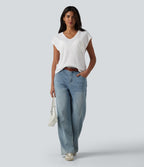 V Neck Short Sleeve Jacquard Casual T-Shirt — White — view 6