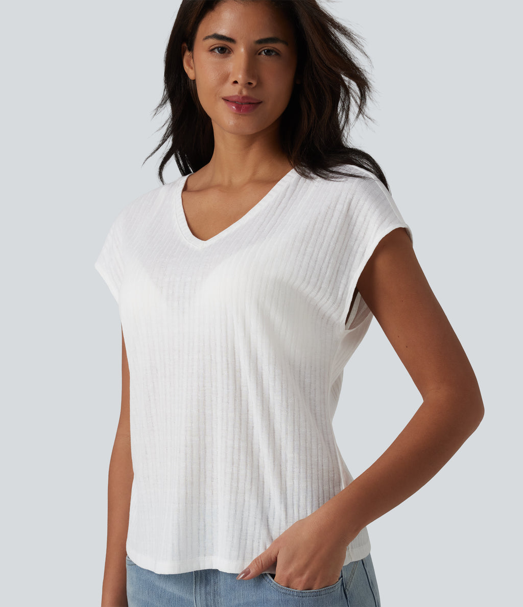 V Neck Short Sleeve Jacquard Casual T-Shirt — White — view 4