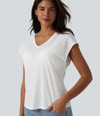 V Neck Short Sleeve Jacquard Casual T-Shirt — White — view 4
