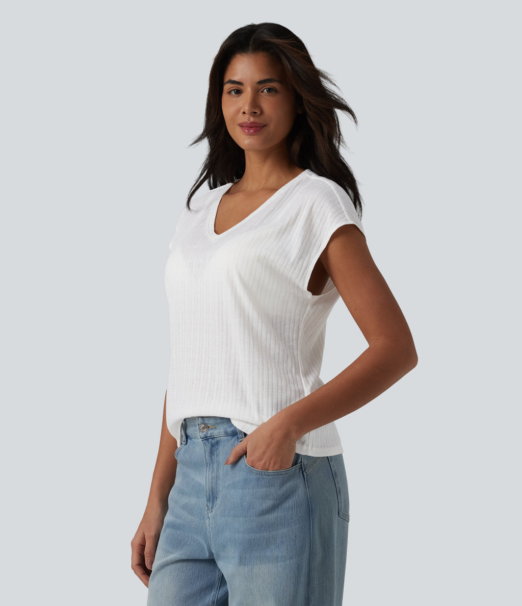 V Neck Short Sleeve Jacquard Casual T-Shirt — White — view 3
