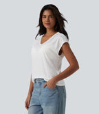 V Neck Short Sleeve Jacquard Casual T-Shirt — White — view 3