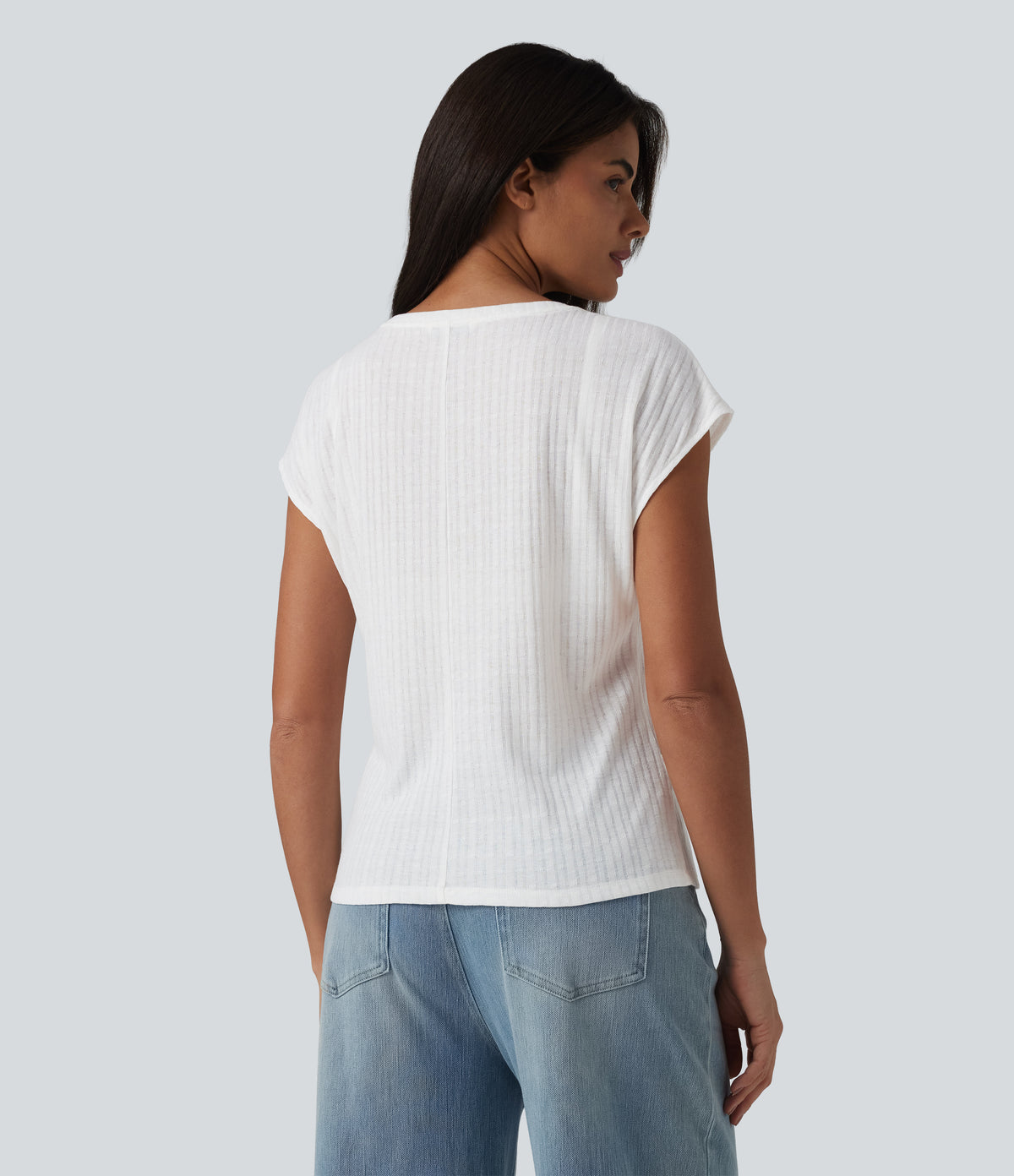 V Neck Short Sleeve Jacquard Casual T-Shirt — White — view 2