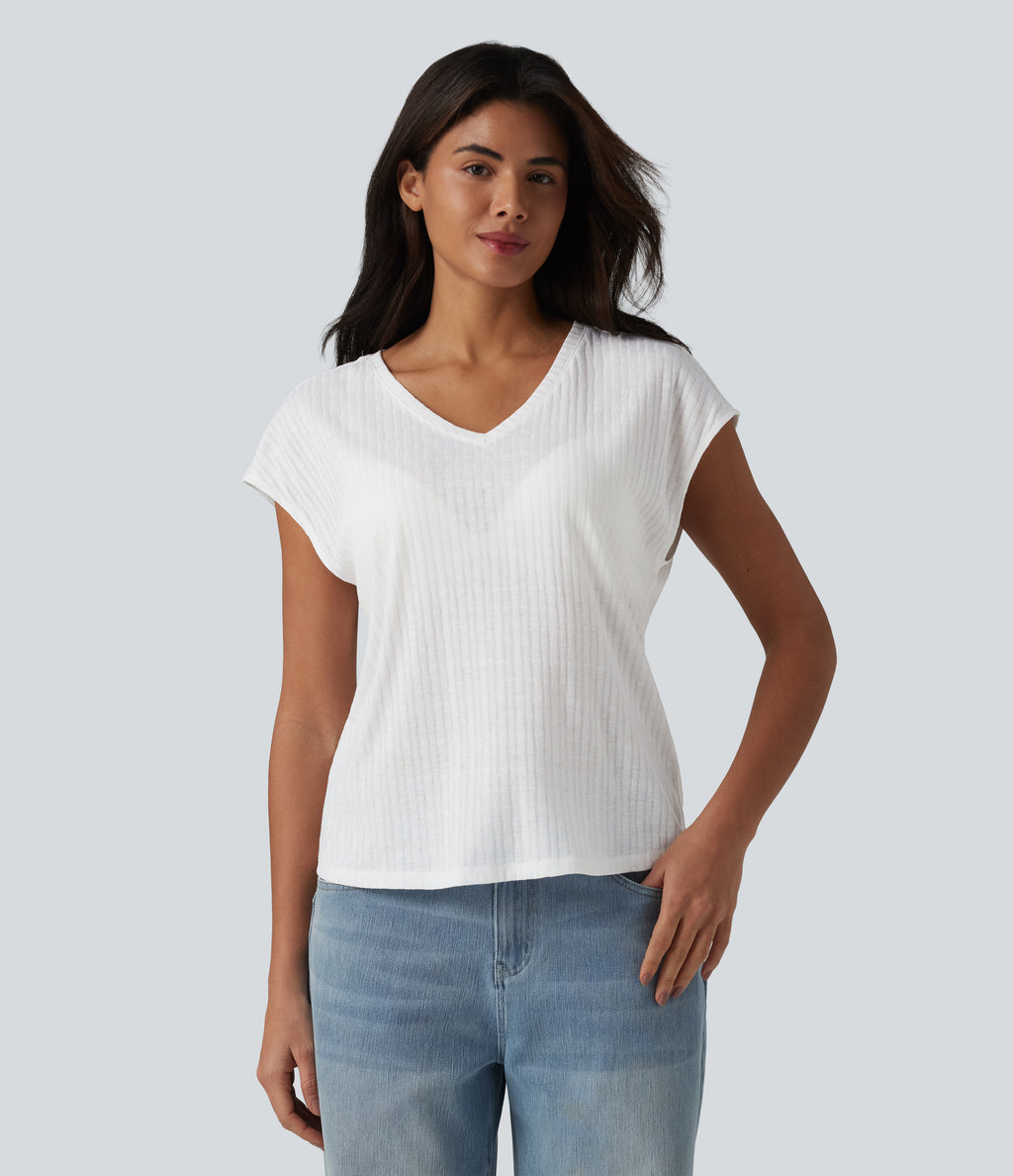 V Neck Short Sleeve Jacquard Casual T-Shirt — White — view 5