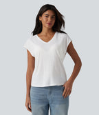 V Neck Short Sleeve Jacquard Casual T-Shirt — White — view 5