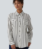Long Sleeve Stripe Casual Shirt with Pockets — Deep Voyage Stripe — view 6