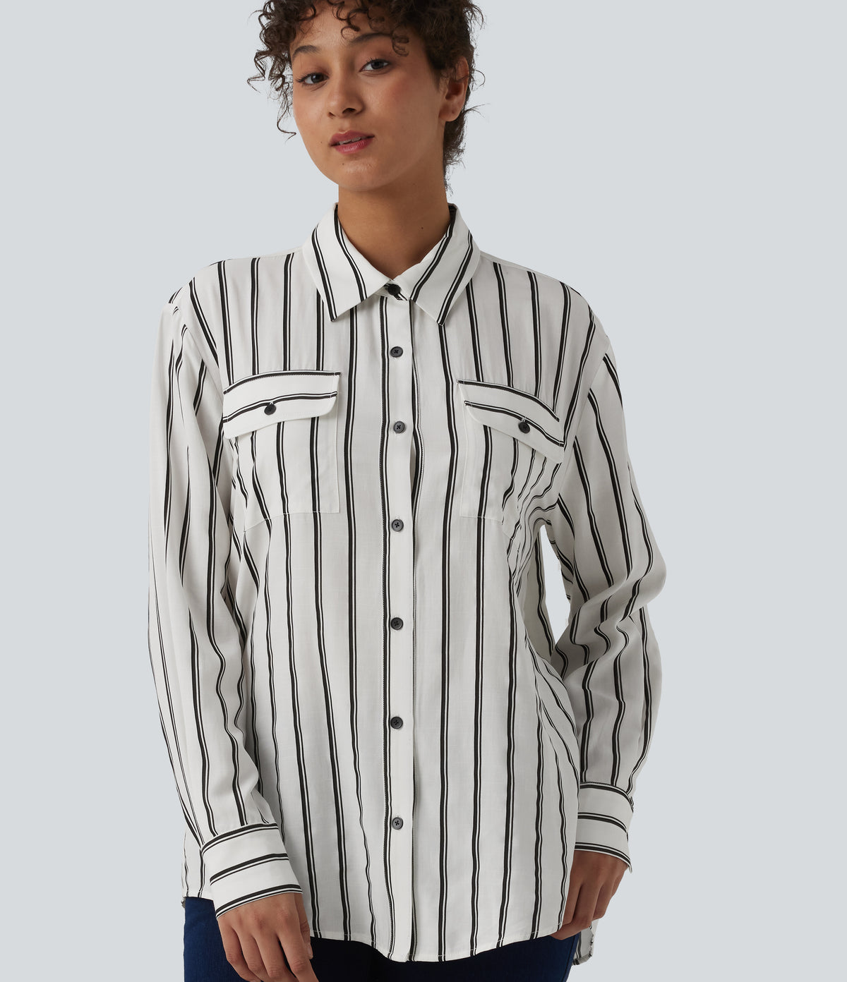 Long Sleeve Stripe Casual Shirt with Pockets — Deep Voyage Stripe — view 6