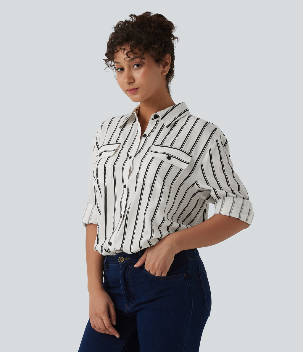 Long Sleeve Stripe Casual Shirt with Pockets — Deep Voyage Stripe — view 3