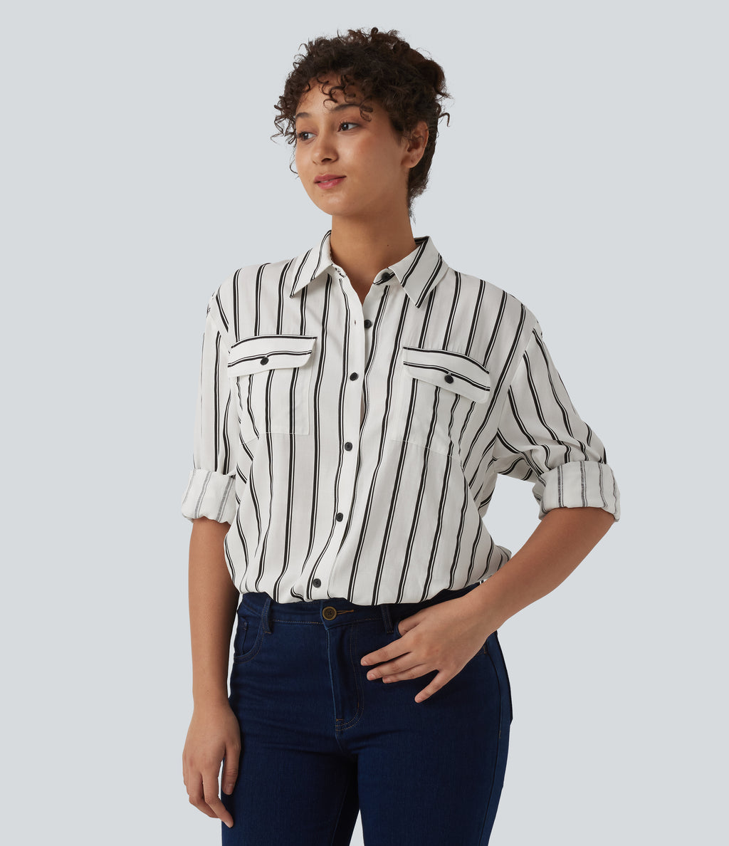 Long Sleeve Stripe Casual Shirt with Pockets — Deep Voyage Stripe — view 4